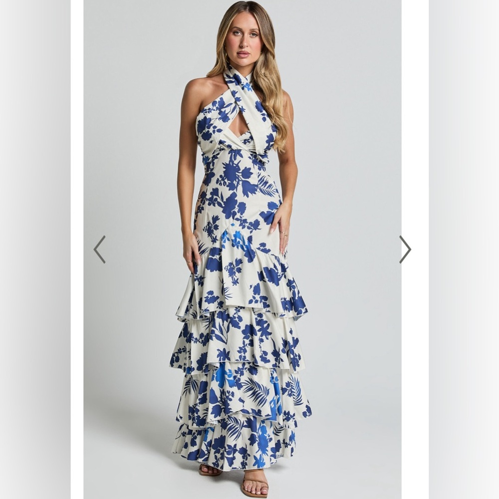 TALIA MAXI DRESS - HALTER NECK LAYERED DRESS IN BLUE AND WHITE PRINT - size L